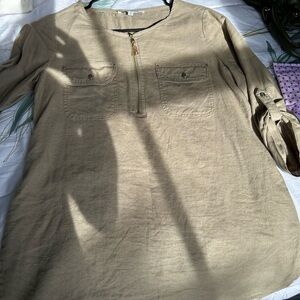 Khaki Long Sleeve Top with Zipper